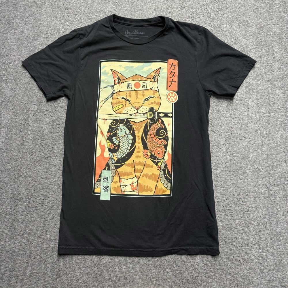 Threadless Japanese Cat Ninja T-Shirt Adult Small Black Vincent Trinidad Samurai